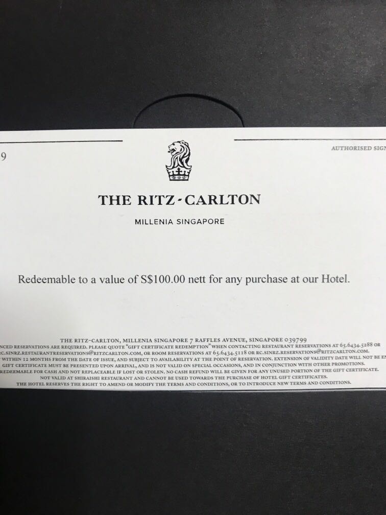 Ritz Carlton $100 Voucher, Tickets & Vouchers, Vouchers on Carousell