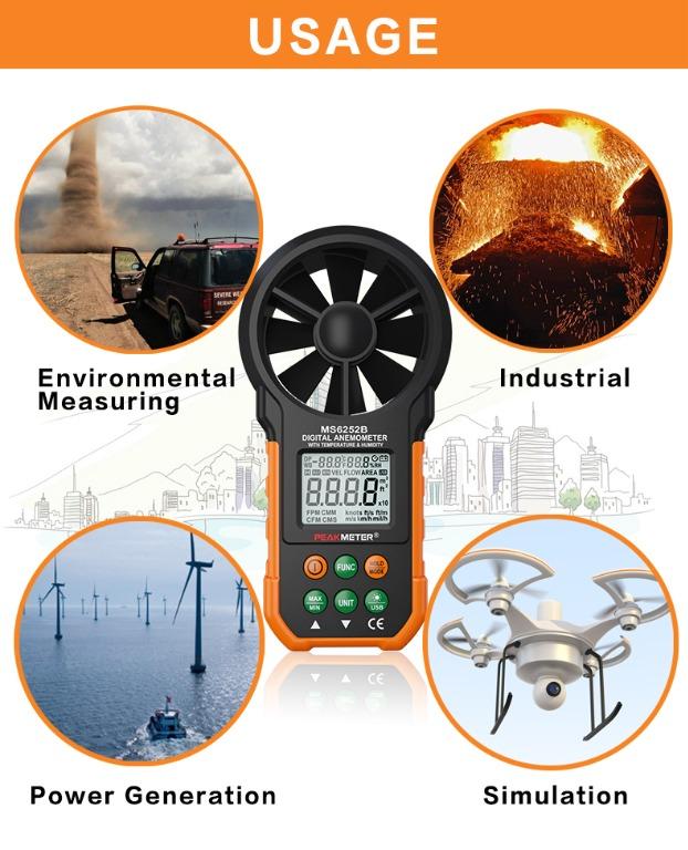 PEAKMETER PM6252B DIGITAL ANEMOMETER AIR SPEED VELOCITY AIR FLOW METER ...