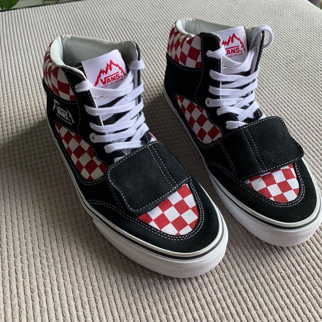 Red and black discount checkerboard vans journeys