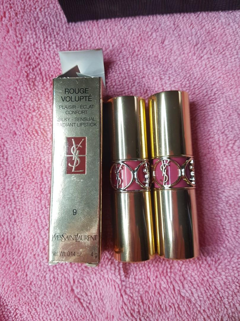 YSL Rouge Volupte Lipstick (Category: Makeup) located in Mandaluyong City. Submitted by huesbeautybox (Listing ID 285450999, Image 1). Description: YSL Rouge Volupte Lipstick shade 13 - 80% left shade 9 Rose Caresse (with box) - 90% left - very pigmented, with satin finish - long wearing, moisturizing on the lips - 1200 each, bought last 2018.