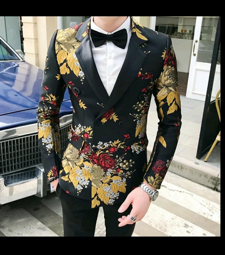 Gold black white floral men 2pc suit jacket pants