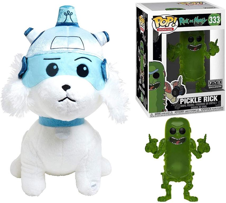 HOT Large White Fluffy Dog Rick Morty Friends Snowball Galactic Figure Plush Bundled with Vinyl Weaponized Pickle Rick Ex