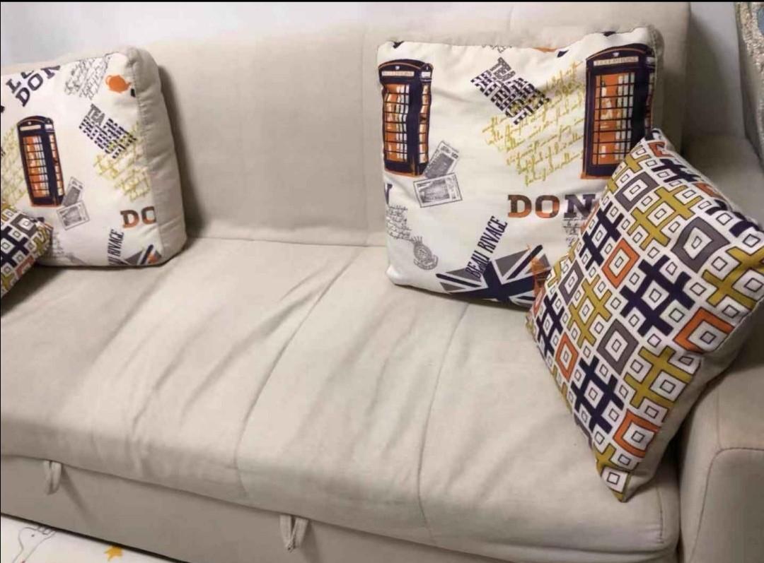 Sofa bed (Category: Sofas) located in Singapore. Submitted by edwardzou (Listing ID 285640134, Image 2). Description: Sofa bed, open to be double bed. Easy to open and fold. Come with 4 cushions as well. Self pick up at my place, near Canberra MRT.