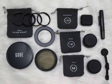 Moment lenses (anamorphic, wide & tele) | Moment filter mount | Gobe variable ND filter | Moment lens cleaning pen | Moment rear lens cap