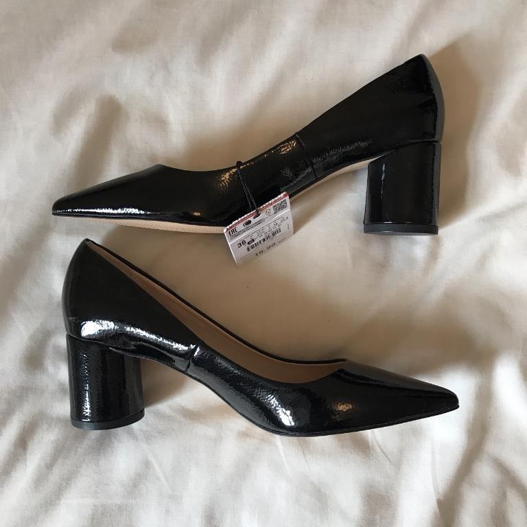 Zara Pointed Patent Block Heels - Black 
