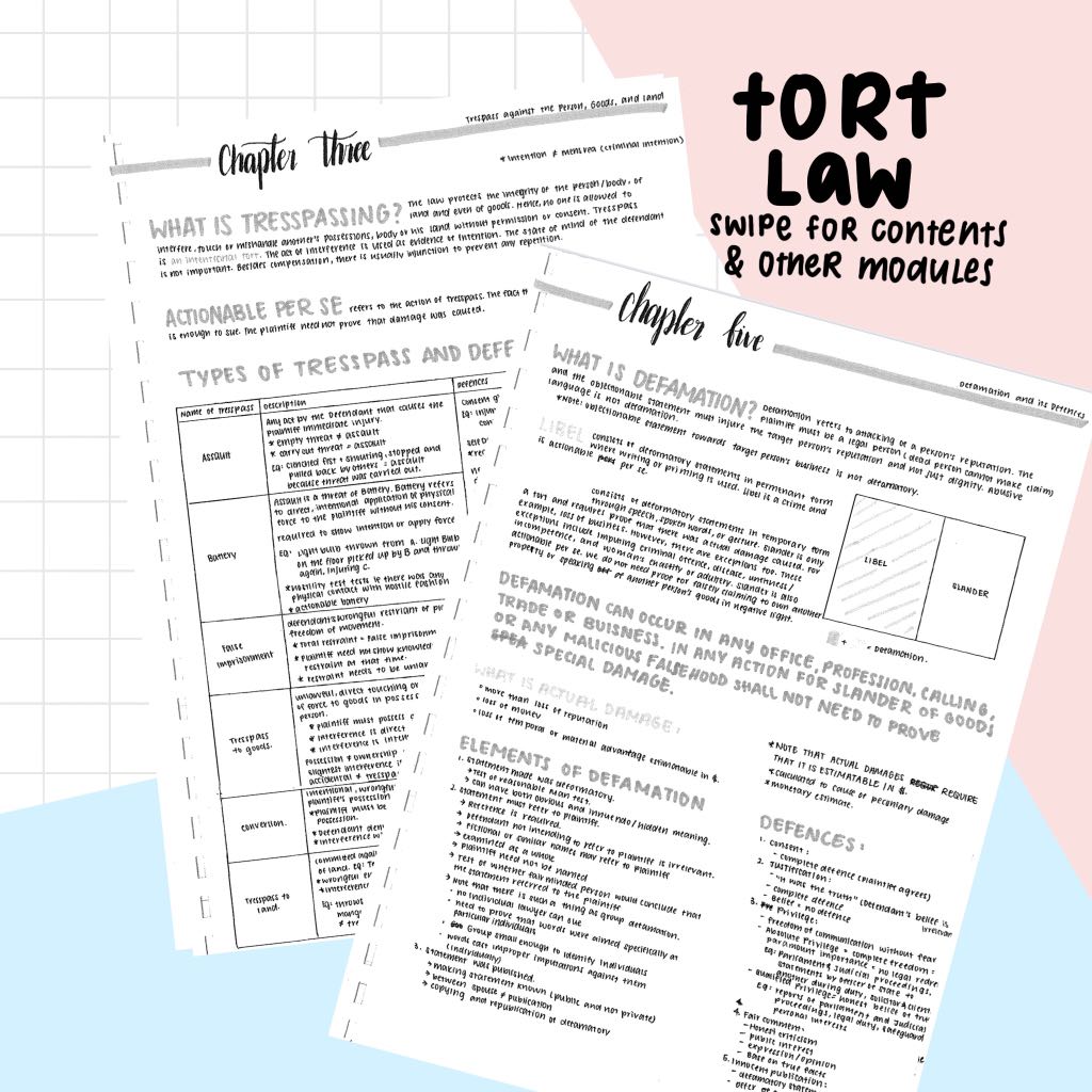 Tort Law Notes Law Diploma Handwritten Notes List Now Books Stationery Textbooks Tertiary On Carousell