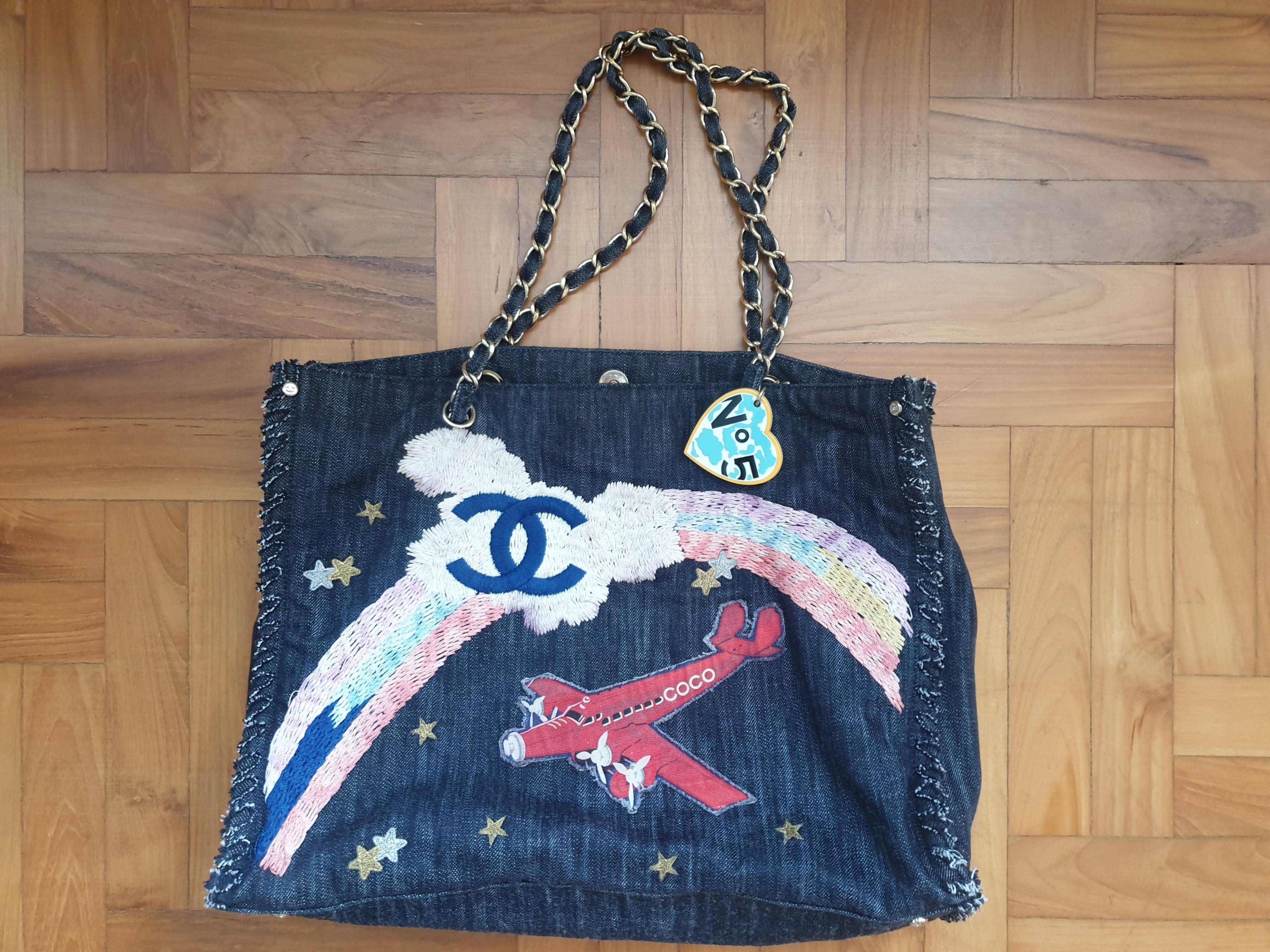 Chanel Airplane Embroidery Denim Tote, Women's Fashion, Bags