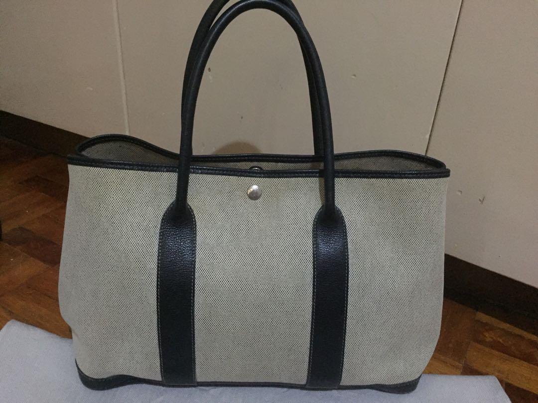 Hermes Garden Party 36 Tote Bag Navy Leather Gray Canvas, Luxury