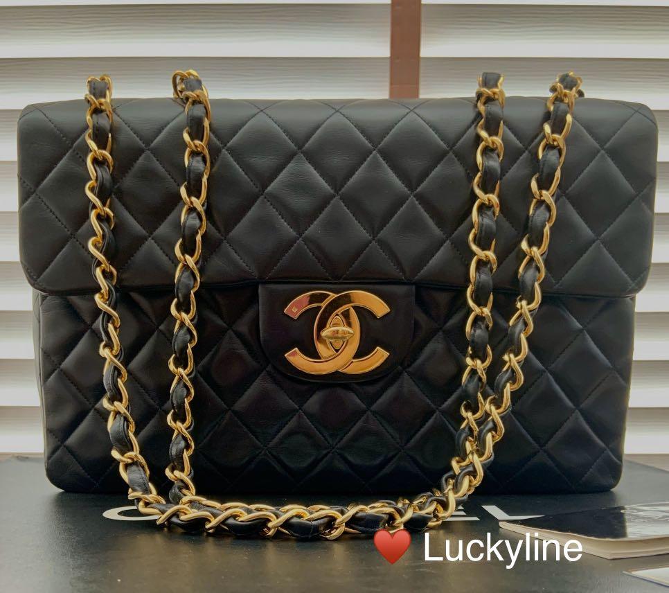 Pre-owned Authentic CHANEL Maxi Jumbo 34 Quilted Matelasse XL Lambskin  w/Chain Shoulder Bag