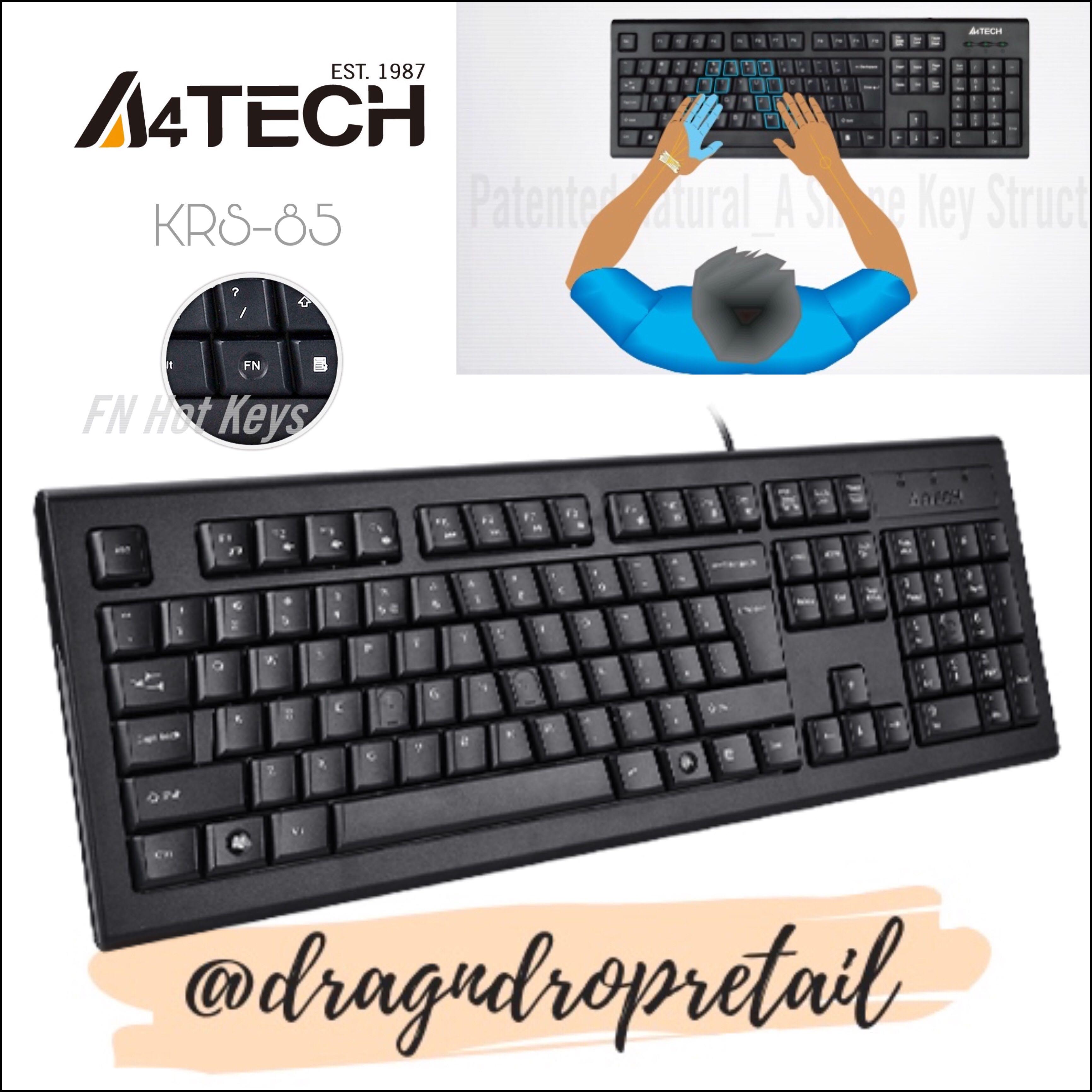 A4Tech KRS-85 Wired Keyboard USB/PS2 (Category: Computer Keyboard) located in Quezon City. Submitted by dragndropretail (Listing ID 286231087, Image 1). Description: ✅ 💯ORIGINAL ✅ FN Hot Keys ✅ Laser Inscribed Keys ✅ Adjustable Keyboard Height ✅ Drain Holes Design ✅ Patented Natural_A Shape Key Structure SPECIFICATIONS Keyboard: KRS-85 Keycaps: A-Shape, Round Edge Hotkeys: 12 FN Multimedia Hotkeys Character: Laser Engraving Splash Proof: Yes Adj