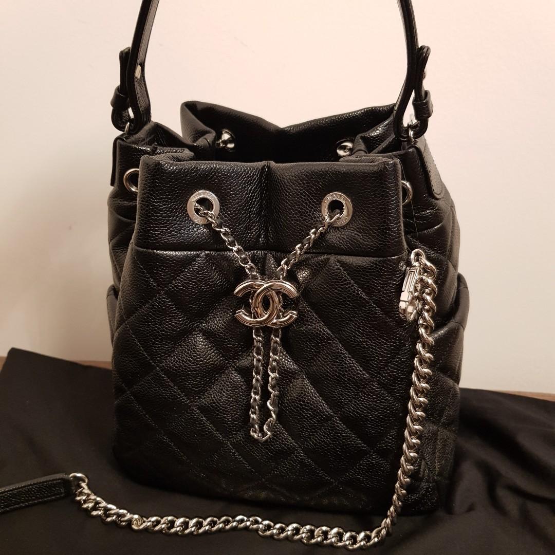 Chanel Bucket Bag in Black Caviar Leather with Silver Hardware, Luxury, Bags  & Wallets on Carousell