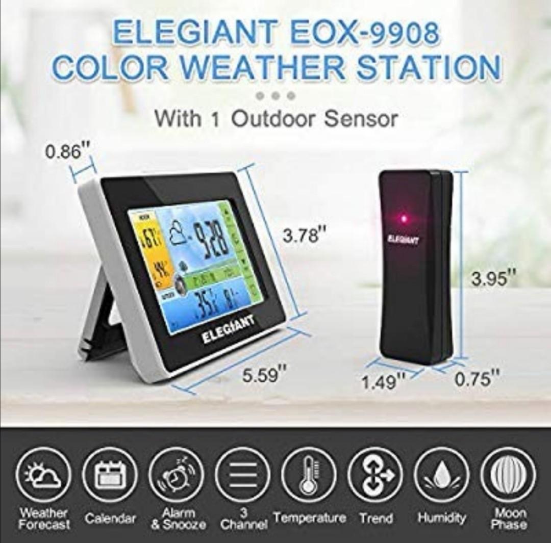 ELEGIANT Wireless Weather Station, Indoor Outdoor Thermometer Hygrometer with Sensor, LCD Color
