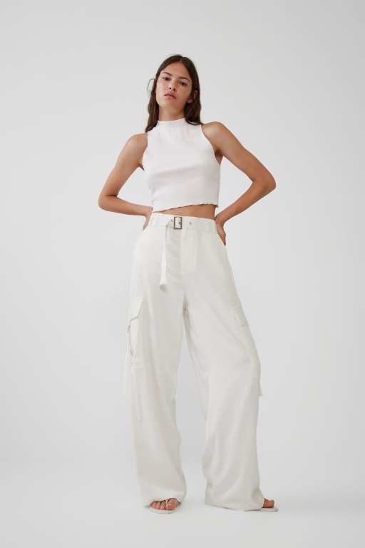 Zara White Satin Cargo Trousers Pants