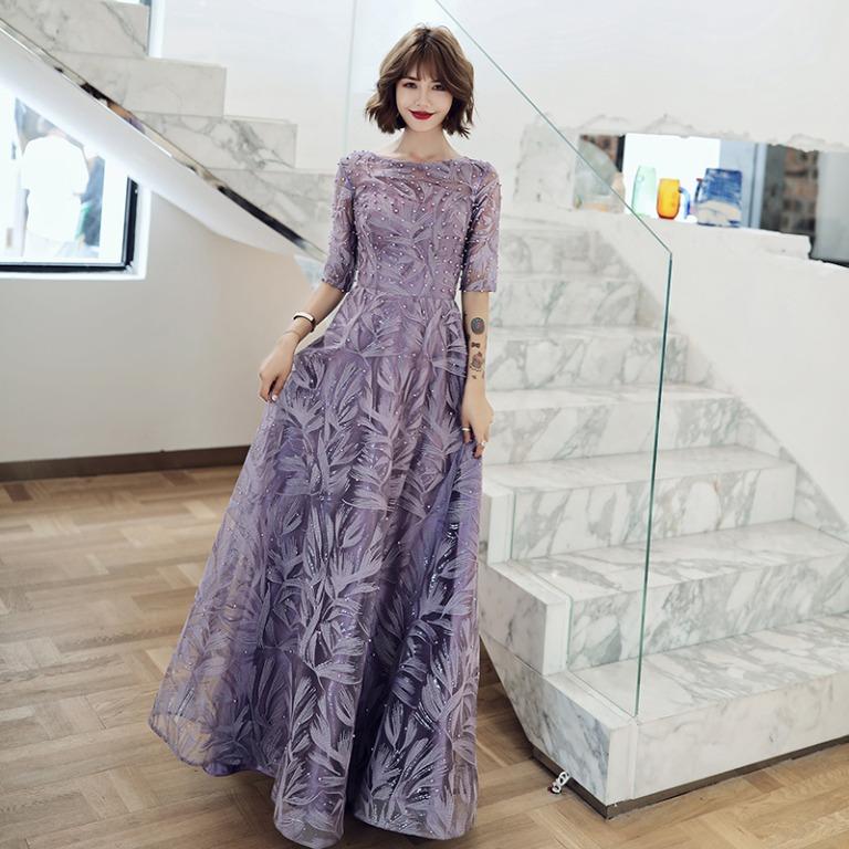 Pre order purple long sleeve prom evening wedding dress gown