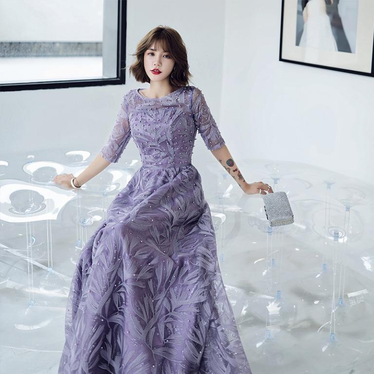 Purple gown online with sleeves