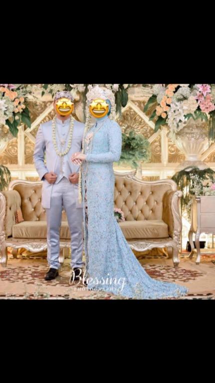 Sepasang Baju Pengantin Kebaya Modern Biru Dan Jas Arab Fesyen Wanita Pakaian Wanita Gaun Rok Di Carousell