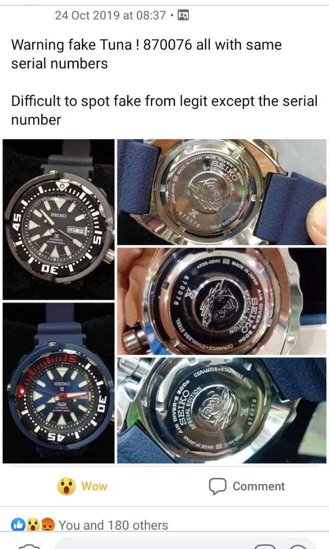 BEWARE: FAKE SEIKO TUNA (PADI , SRPA81 , SRPA82 , SRPA83 ) WITH SERIAL  NUMBER 870076! ALWAYS ASK FOR CASEBACK PIC SHOWING SERIAL NUMBER, Luxury,  Watches on Carousell