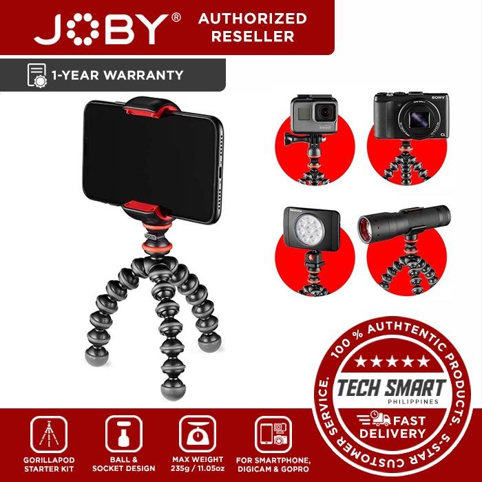 JOBY GorillaPod Starter Kit for Smartphones (Category: Tripods & Monopods) located in Manila. Submitted by techsmartph (Listing ID 286458414, Image 1). Description: The tripod's ball-and-socket design enables you to stand it on any surface or wrap and hold onto any tree branch or railing you can find. The 1/4""-20 threaded camera mount allows you to thread on a compact camera or other accessories with the same size socket. The flashlight/micropho
