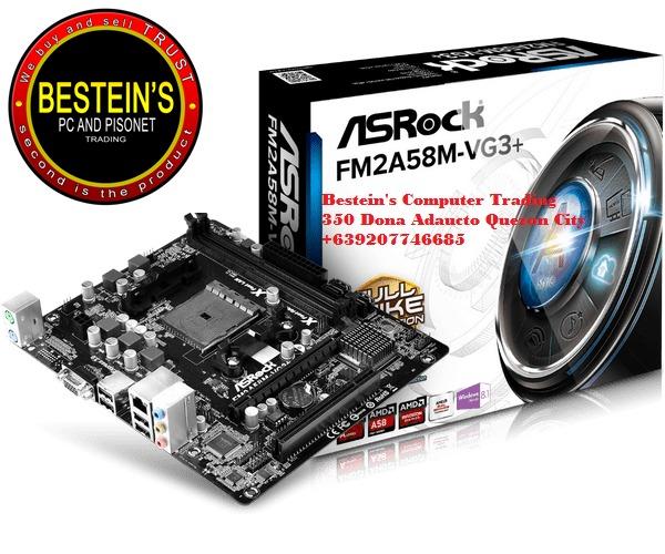 MOTHERBOARD, ASROCK FM2A58M-VG3+ SOCKET FM2+ DDR3 MINI ITX (Category: Computer Parts) located in Quezon City. Submitted by besteinpc (Listing ID 286458621, Image 1). Description: MOTHERBOARD, ASROCK FM2A58M-VG3+ SOCKET FM2+ DDR3 MINI ITX Support for Socket FM2+ 95W / FM2 100W processors All Solid Capacitor Design Supports Dual Channel DDR3 1866 1 PCIe 3.0 x16, 1 PCI Supports AMD Dual Graphics Integrated AMD Radeon™ R7/R5 Series Graphics in A-seri