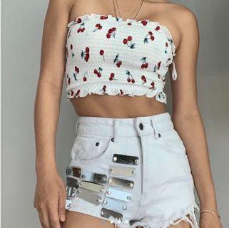 Cherry white shirred crop tube top