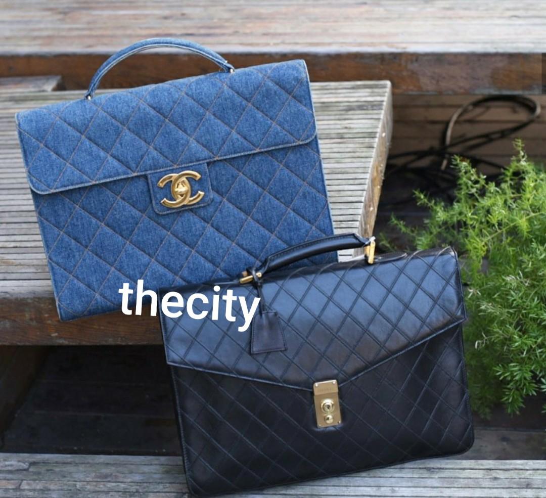AUTHENTIC CHANEL VINTAGE BRIEFCASE TOTE BAGS DENIM QUILTED