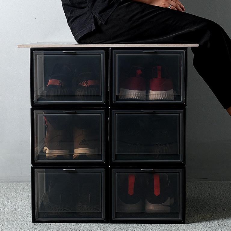 Stackable sneakers storage boxes (Category: Storage Boxes & Baskets) located in Singapore. Submitted by joeishappy (Listing ID 286512517, Image 3). Description: Cheapest on carousell! Sneakers storage boxes Brand new 2 sizes : smaller at £11 each and bigger at £13each Stackable sneakers storage Comes in black/white Dimension for STANDARD SIZE: 38CM(length)x26CM(width)x16CM(height) Dimension for EXTRA LARGE: 38CM(length)x26CM(width)x20CM(height) #