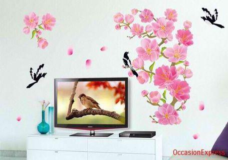 Wall Decal Pink Flower Magpies with Three Shadow Birds