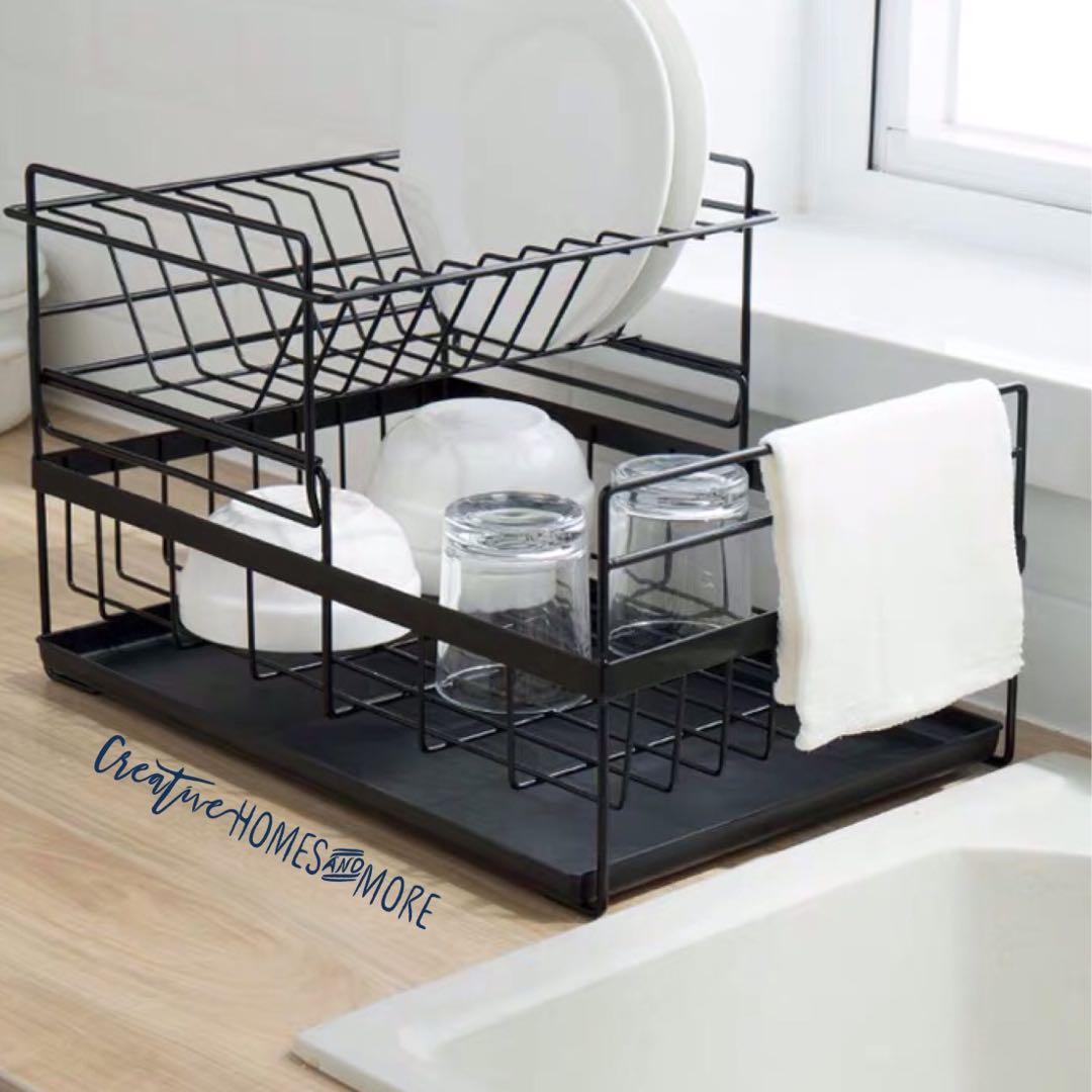 MINIMALIST DOUBLE TIER DISH DRAINER WITH DRIP TRAY in BLACK, Furniture