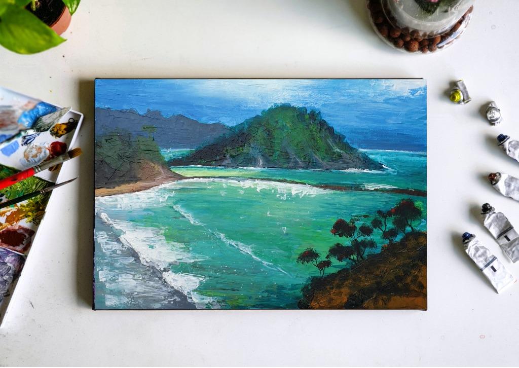 acrylic canvas painting mountain and sea scenery design craft artwork on carousell acrylic canvas painting mountain and sea scenery