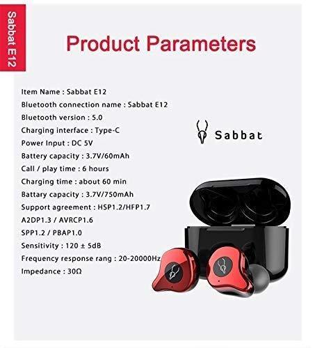 Sabbat E12 True Wireless Earbuds Red TWS Bluetooth 5.0 Wireless Headphones Deep Bass Stereo HiFi Sound Noise Cancelling Sweatproof TWS Bluetooth
