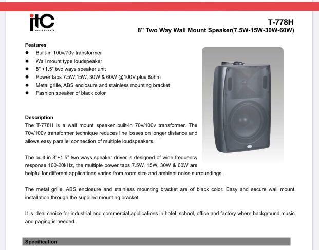 ITC wall mount speaker (Category: Soundbars, Speakers & Amplifiers) located in Makati City. Submitted by sounddimension.475 (Listing ID 287231535, Image 2). Description: i t c T778 speaker Two way speaker system 8 inch driver unit 8 ohms / 100volt with max 60watts Multi tap matching transformer Wall bracket included Color black Brand new P 11,800 pair.