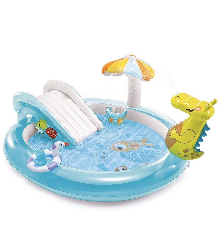 Inflatable pool (Category: Infant Playtime) located in Singapore. Submitted by ambee (Listing ID 287195400, Image 1). Description: Intex Gator Inflatable Play Center, for Ages 2+ Includes waterslide, 1 mushroom shade, gator, 1 baby duck and 1 fishing bucket Landing mat for extra padding Water sprayer attaches to garden hose to keep kids cool in the summer Capacity is 4. 875in of wall height, 42 gallons total Max weight limit: 120lb Preorder item 