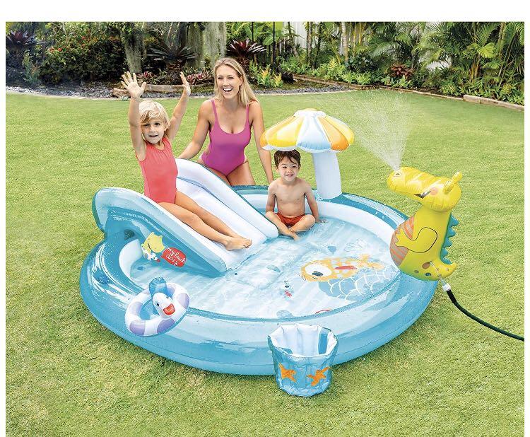 Inflatable pool (Category: Infant Playtime) located in Singapore. Submitted by ambee (Listing ID 287195400, Image 2). Description: Intex Gator Inflatable Play Center, for Ages 2+ Includes waterslide, 1 mushroom shade, gator, 1 baby duck and 1 fishing bucket Landing mat for extra padding Water sprayer attaches to garden hose to keep kids cool in the summer Capacity is 4. 875in of wall height, 42 gallons total Max weight limit: 120lb Preorder item 