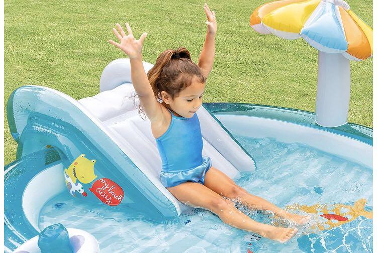 Inflatable pool (Category: Infant Playtime) located in Singapore. Submitted by ambee (Listing ID 287195400, Image 4). Description: Intex Gator Inflatable Play Center, for Ages 2+ Includes waterslide, 1 mushroom shade, gator, 1 baby duck and 1 fishing bucket Landing mat for extra padding Water sprayer attaches to garden hose to keep kids cool in the summer Capacity is 4. 875in of wall height, 42 gallons total Max weight limit: 120lb Preorder item 