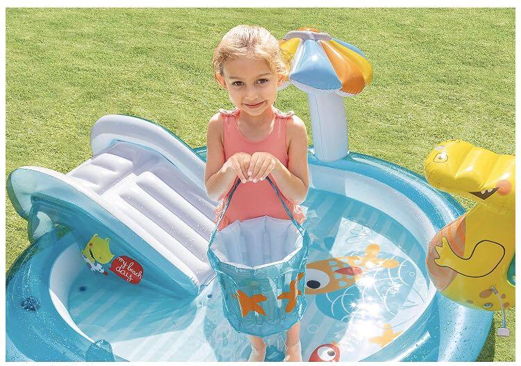 Inflatable pool (Category: Infant Playtime) located in Singapore. Submitted by ambee (Listing ID 287195400, Image 6). Description: Intex Gator Inflatable Play Center, for Ages 2+ Includes waterslide, 1 mushroom shade, gator, 1 baby duck and 1 fishing bucket Landing mat for extra padding Water sprayer attaches to garden hose to keep kids cool in the summer Capacity is 4. 875in of wall height, 42 gallons total Max weight limit: 120lb Preorder item 