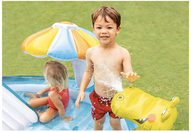 Inflatable pool (Category: Infant Playtime) located in Singapore. Submitted by ambee (Listing ID 287195400, Image 5). Description: Intex Gator Inflatable Play Center, for Ages 2+ Includes waterslide, 1 mushroom shade, gator, 1 baby duck and 1 fishing bucket Landing mat for extra padding Water sprayer attaches to garden hose to keep kids cool in the summer Capacity is 4. 875in of wall height, 42 gallons total Max weight limit: 120lb Preorder item 