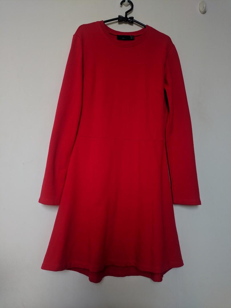 Red Dress Zara Long Sleeve Fesyen Wanita Pakaian Wanita Gaun Rok Di Carousell