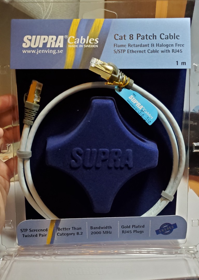 SUPRA Cat. 8 Lan Cable 1 M,(今年3月在威達購買，有單) Made in Swden, 電腦＆科技, 電腦周邊及配件, 電腦線、轉接線及轉換器