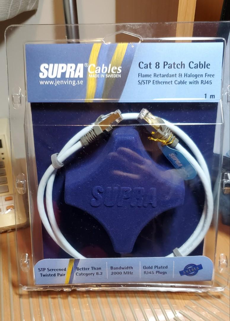 SUPRA Cat. 8 Lan Cable 1 M,(今年3月在威達購買，有單) Made in Swden, 電腦＆科技, 電腦周邊及配件, 電腦線、轉接線及轉換器