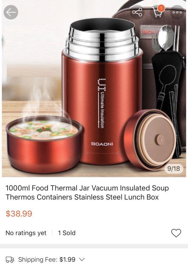 BOAONI 800ml/1000ml Food Thermal Jar Vacuum Insulated Soup Thermos