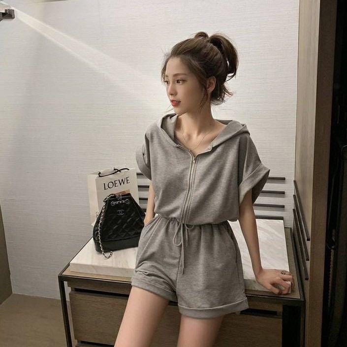 770 black grey korean pyjama jumpsuit zip up hoodie hooded shorts 2 piece ulzzang vintage retro Women s Fashion Dresses Sets Jumpsuits on Carousell