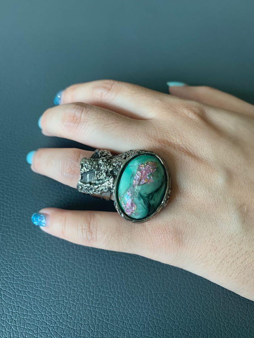 YSL ARTY RING SIZE 6 VINTAGE DISCONTINUED SILVER AND GREEN