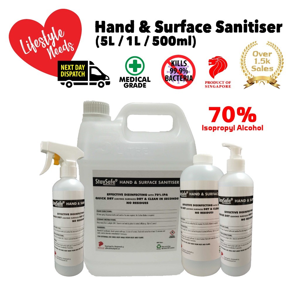 Hand & surface Sanitizer / disinfectant 70 IPA no residue 5L/1L/500ML