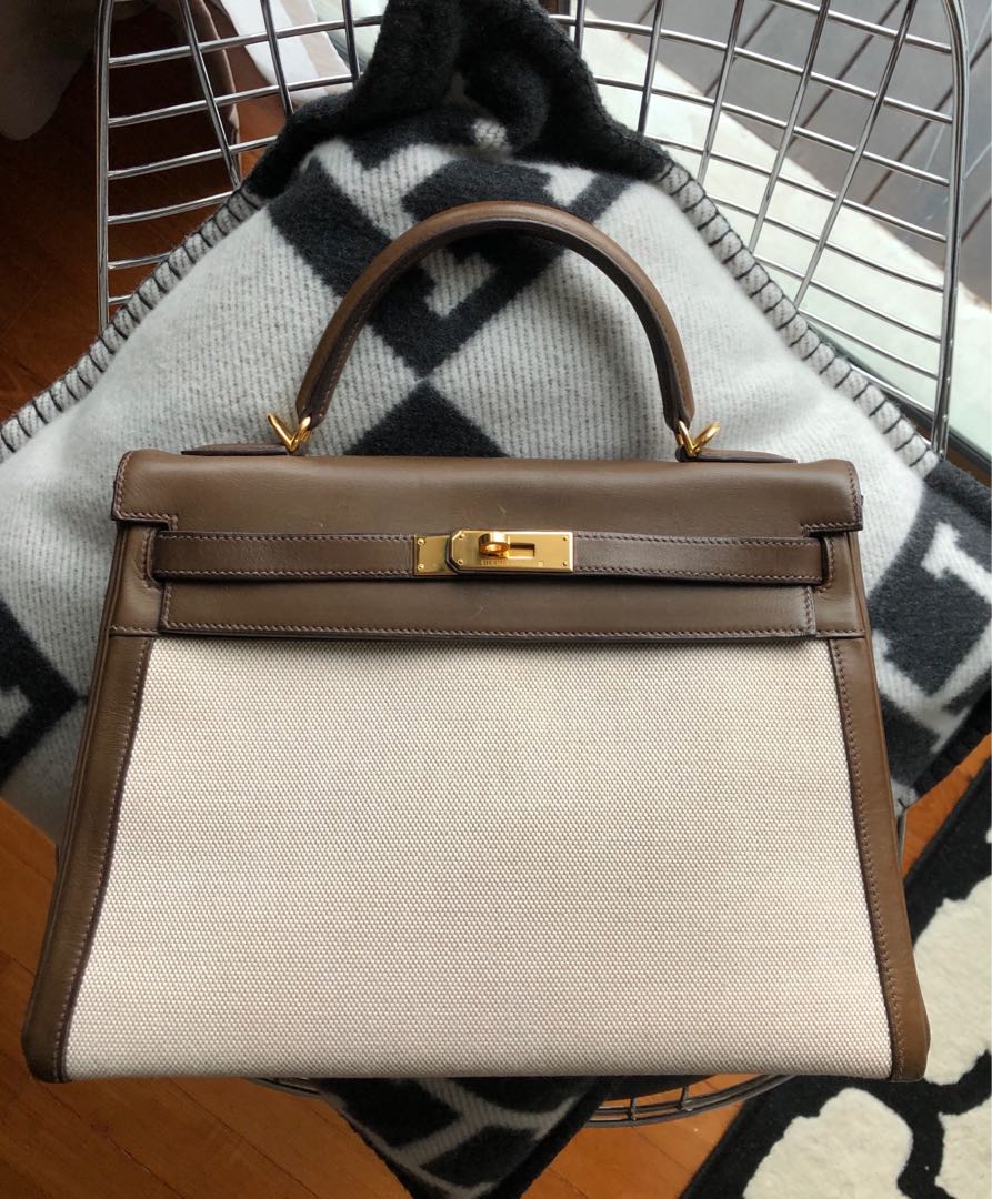 Hermes 32cm Vert Olive Barenia Leather and Toile Gold Plated Kelly