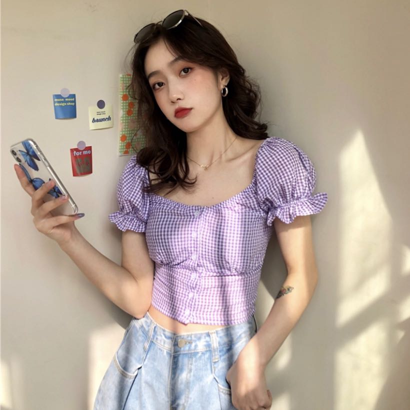 Puff sleeve plaid discount top