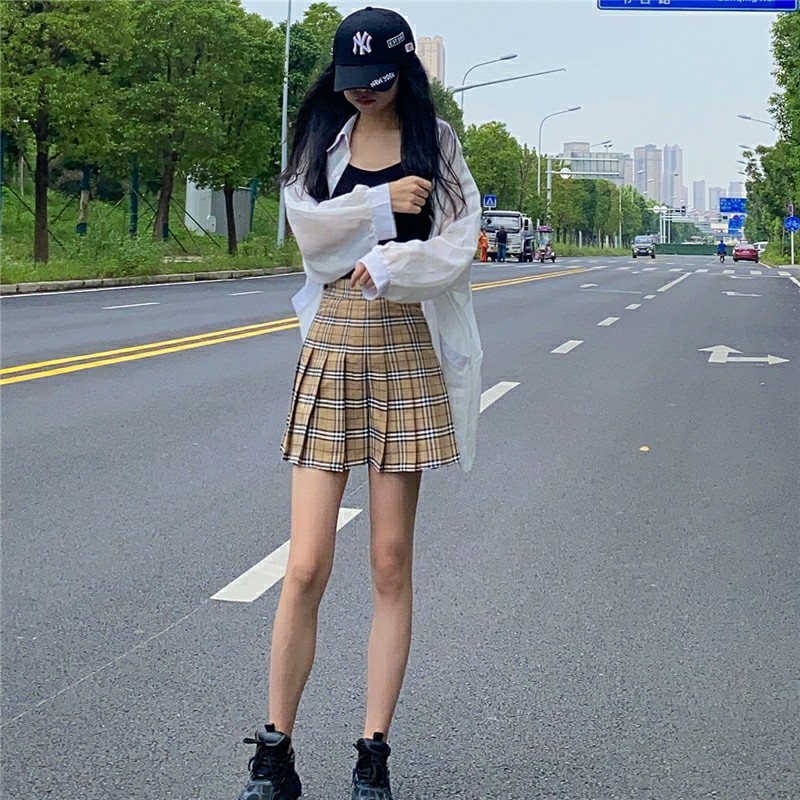 Korean fashion high waisted Plaid Skirt khaki colour Women s