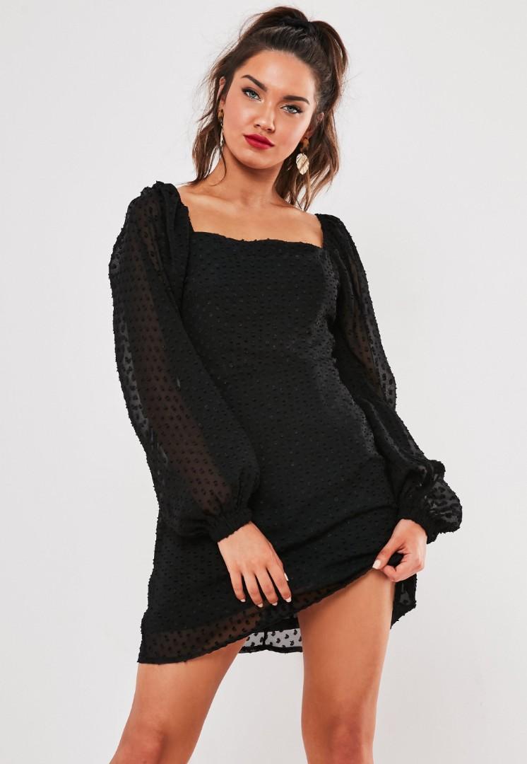 missguided dobby milkmaid mini dress in black