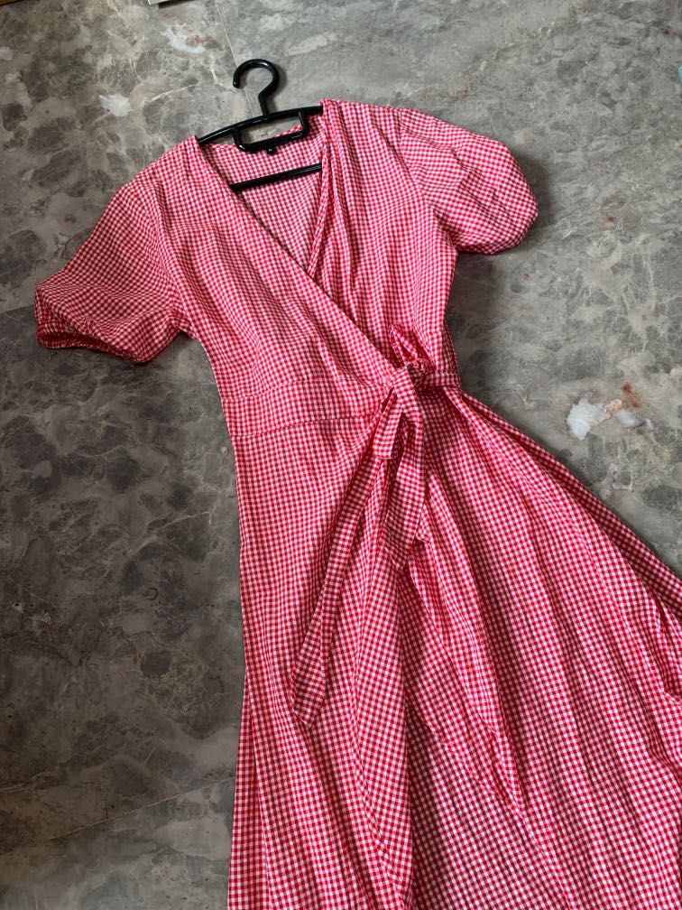 Red Gingham Midi Wrap Tie Dress