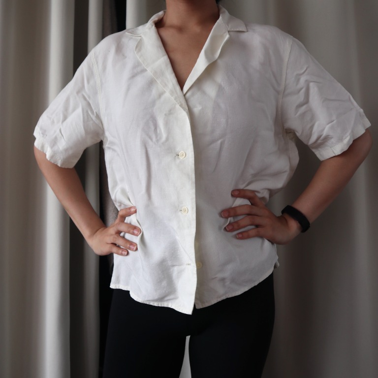 Uniqlo White Linen Button Down Women s Fashion Tops Blouses on