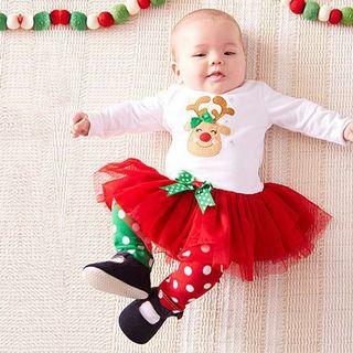 Christmas Reindeer long sleeve with tulle and polka dots trousers for children babies